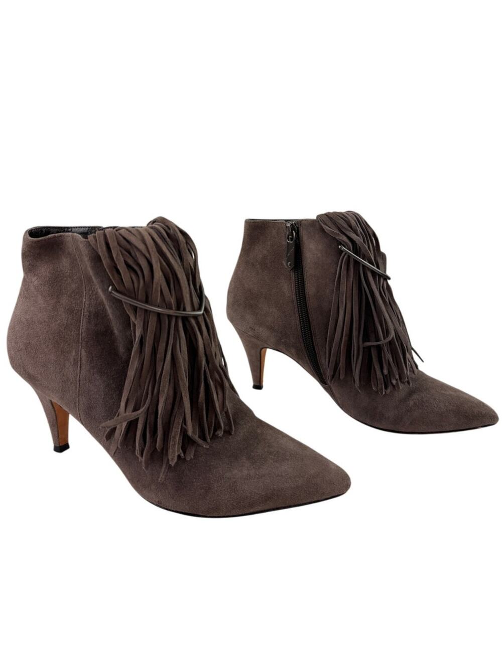 Brian Atwood Perri Bootie 6.5 Gray Taupe Leather Fringe Kitten Heel Ankle Boot